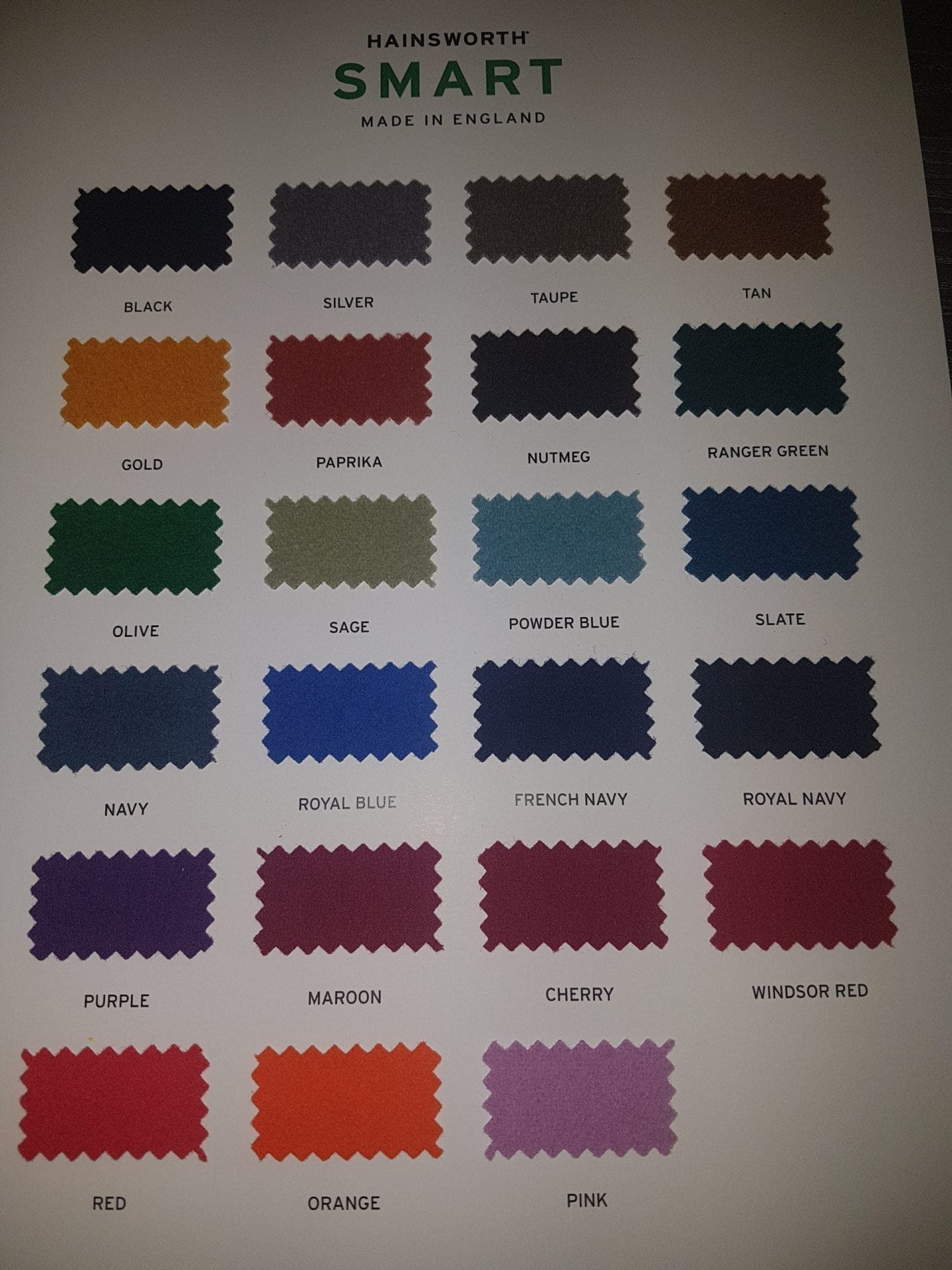 Hainsworth shade card colours